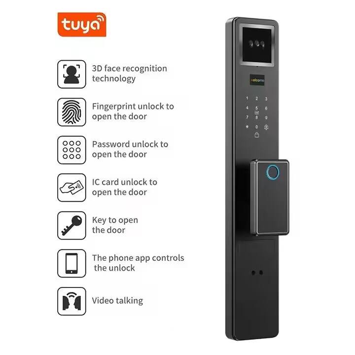 Tuya 3D face recognition technology  
Fingerprint unlock to open the door  
Password unlock to open the door  
IC card unlock to open the door  
Key to open the door  
The phone app controls the unlock  
Video talking