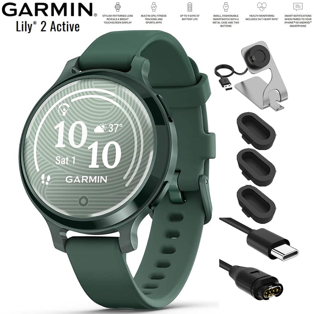 Garmin - Lily 2 Active Smartwatch Green with Jasper Green Band + Charging Bundle - Jasper Green with Jasper Green Silicone Band - (2024)