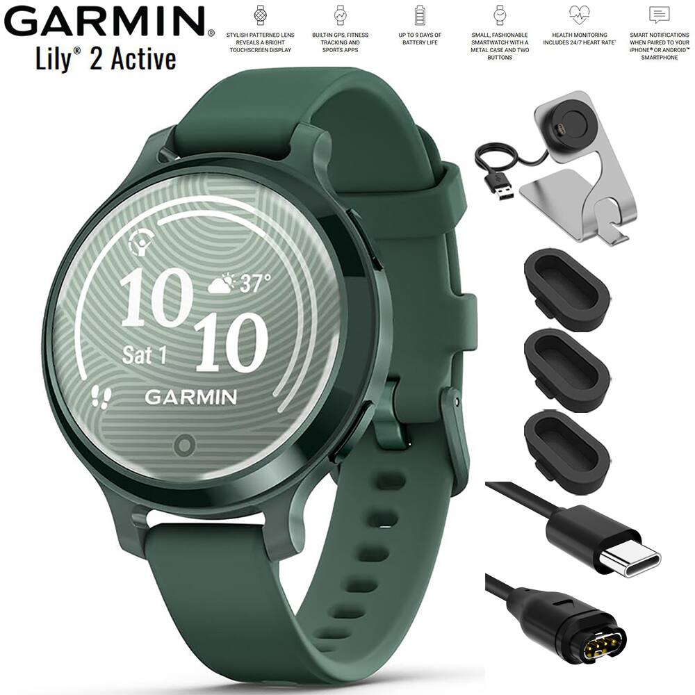 Garmin - Lily 2 Active Smartwatch Green with Jasper Green Band + Charging Bundle - Jasper Green with Jasper Green Silicone Band - (2024)