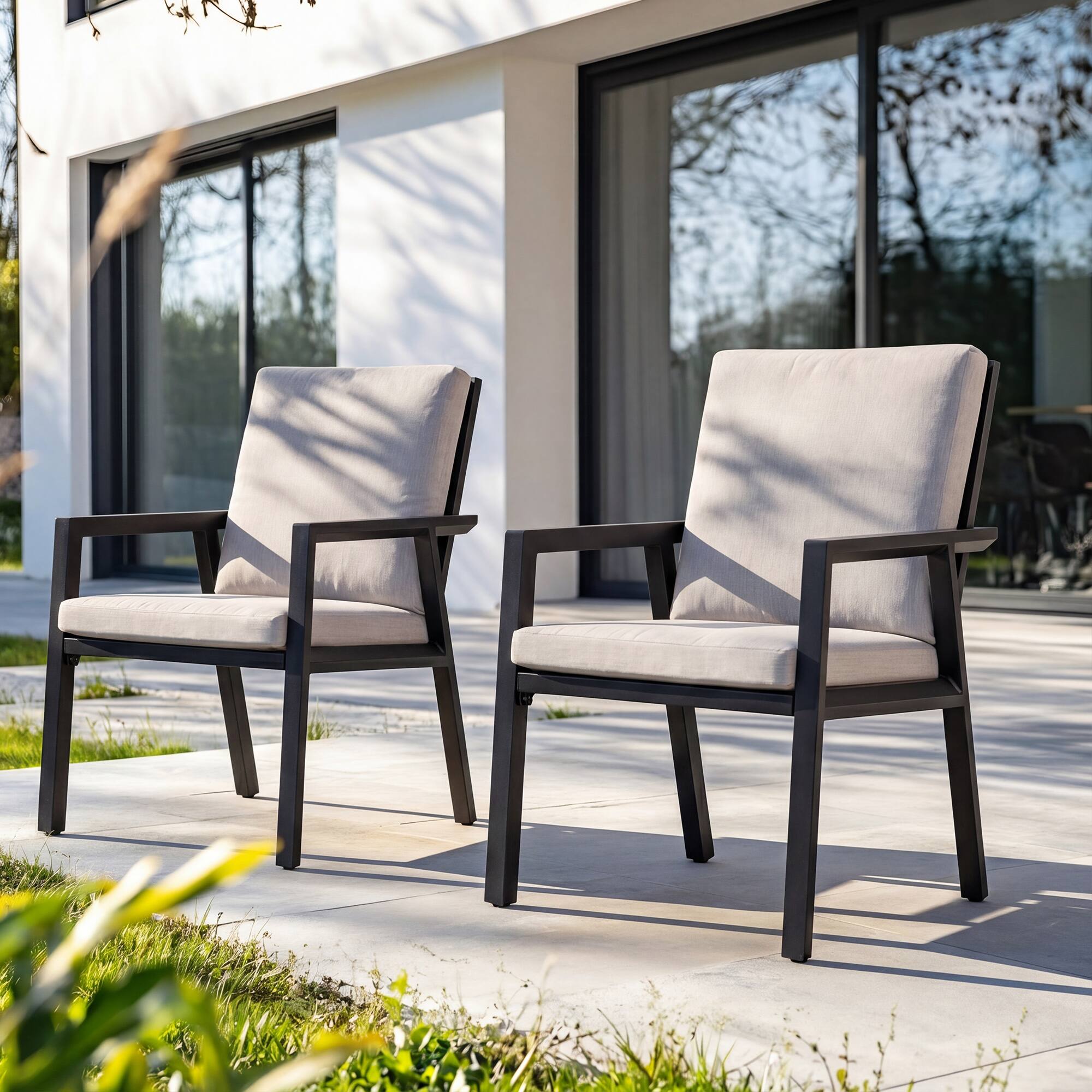 Angle. Nuu Garden - Outdoor 2-Piece Aluminum Dining Chairs with Gray Cushions - Black and Gray.