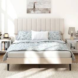LUCKY ONE - Twin/Full/Queen Assembled Velvet Upholstered Platform Bed Frame with Adjustable Headboard - Beige