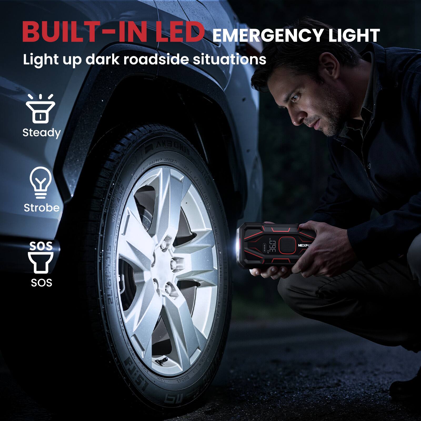 BUILT-IN LED EMERGENCY LIGHT  
Light up dark roadside situations

Steady  
Strobe  
SOS  
SOS

CINDEMA 3105  
FJ: 51 ms  
G NEXPO BATTON EFOMS
