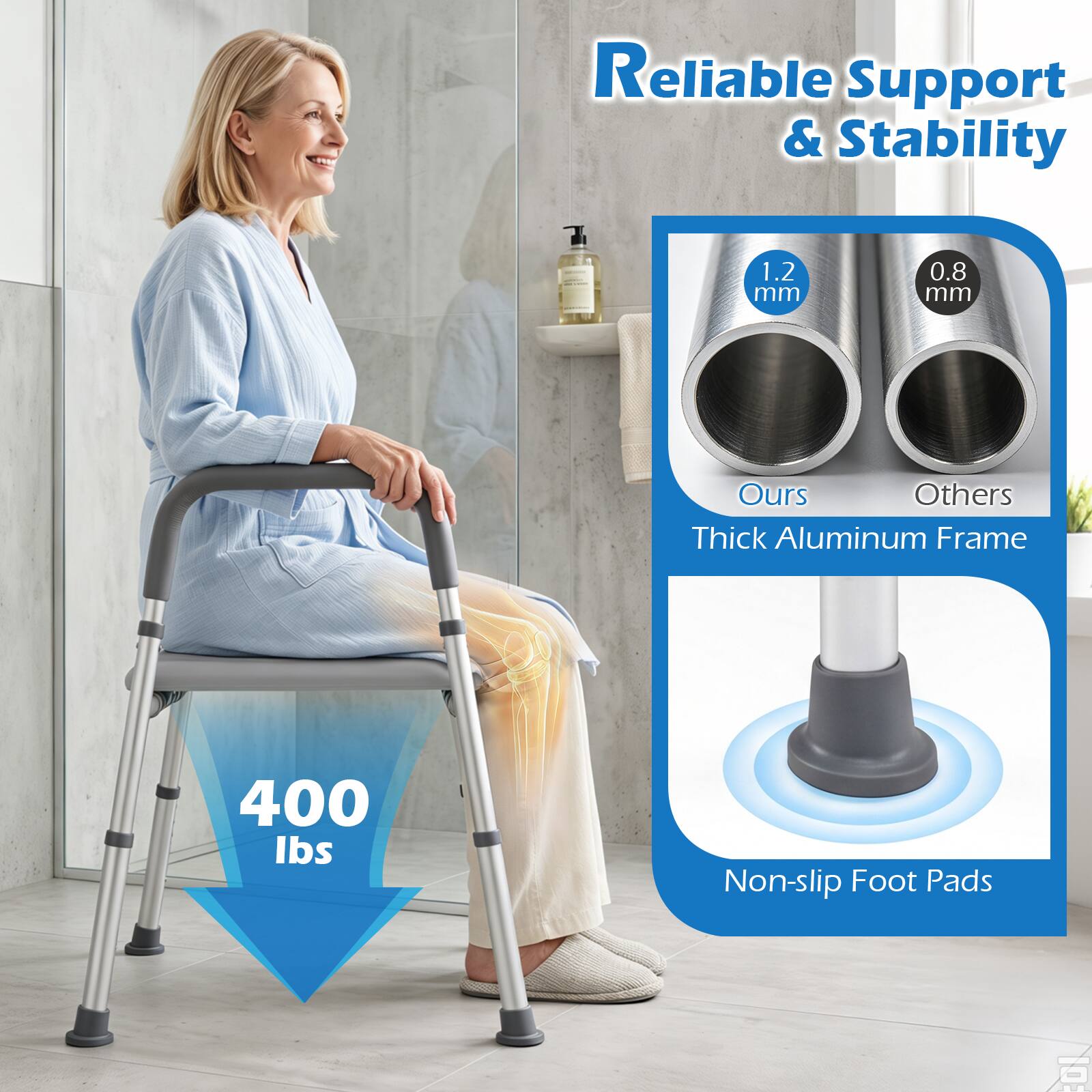 Reliable Support & Stability:
1.2 mm
0.8 mm
Ours Others Thick Aluminum Frame
400 lbs
Non-slip Foot Pads