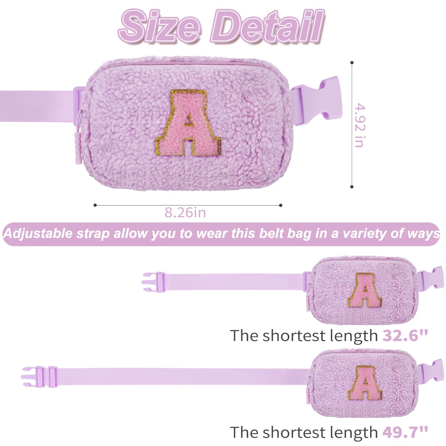 Size Detail

- Width: 4.92 in
- Height: 8.26 in

Adjustable strap allows you to wear this belt bag in a variety of ways

- The shortest length: 32.6"
- The shortest length: 49.7"