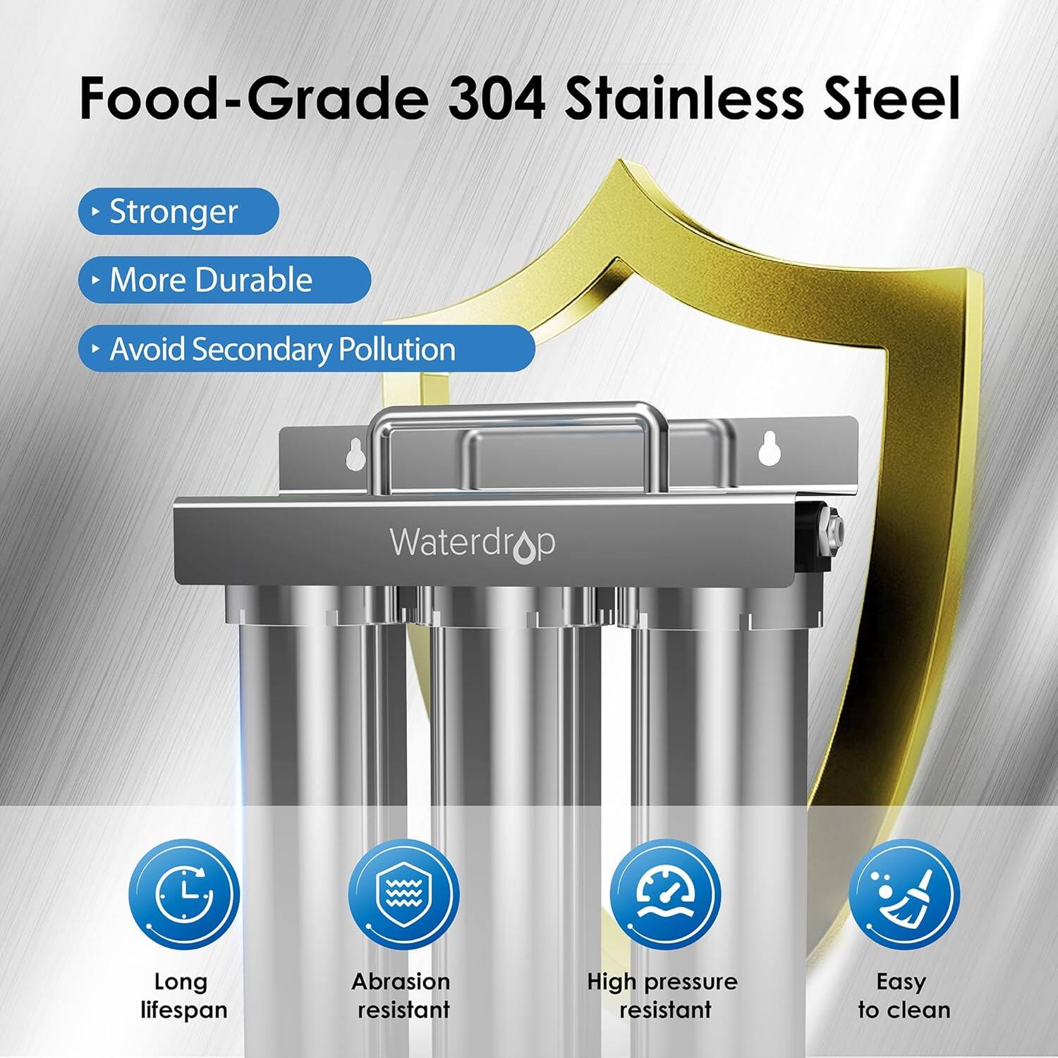 Food-Grade 304 Stainless Steel

Stronger
More Durable
Avoid Secondary Pollution

Waterdrop

Long lifespan
Abrasion resistant
High pressure resistant
Easy to clean