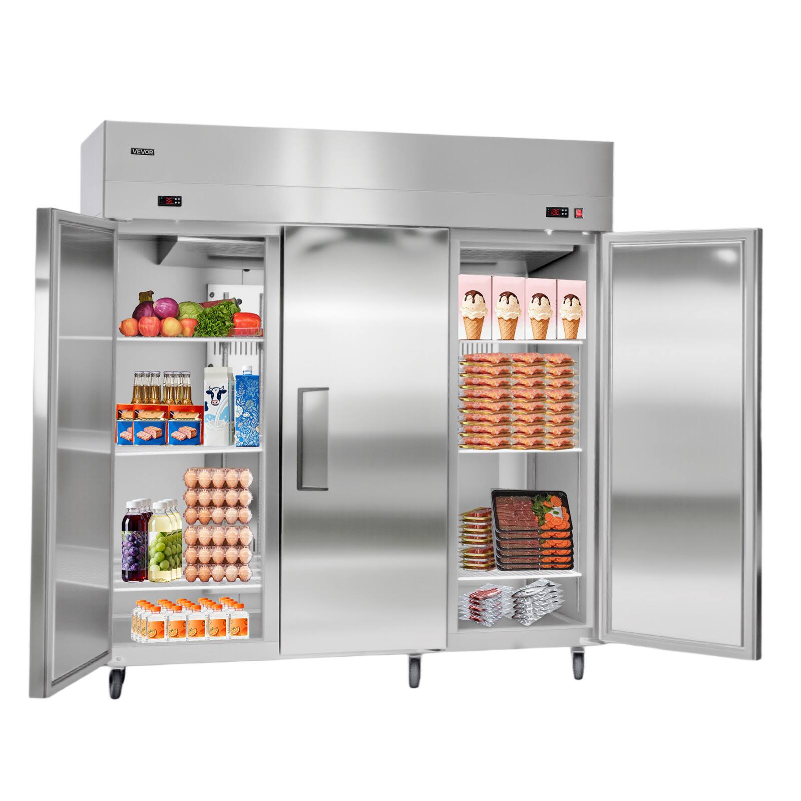 Alt View 5. VEVOR - Commercial Refrigerator and Freezer Combo 72"W, 51 Cu.Ft Stainless Steel Upright Freezer/Refrigerator with Three Doors - Stainless steel color.