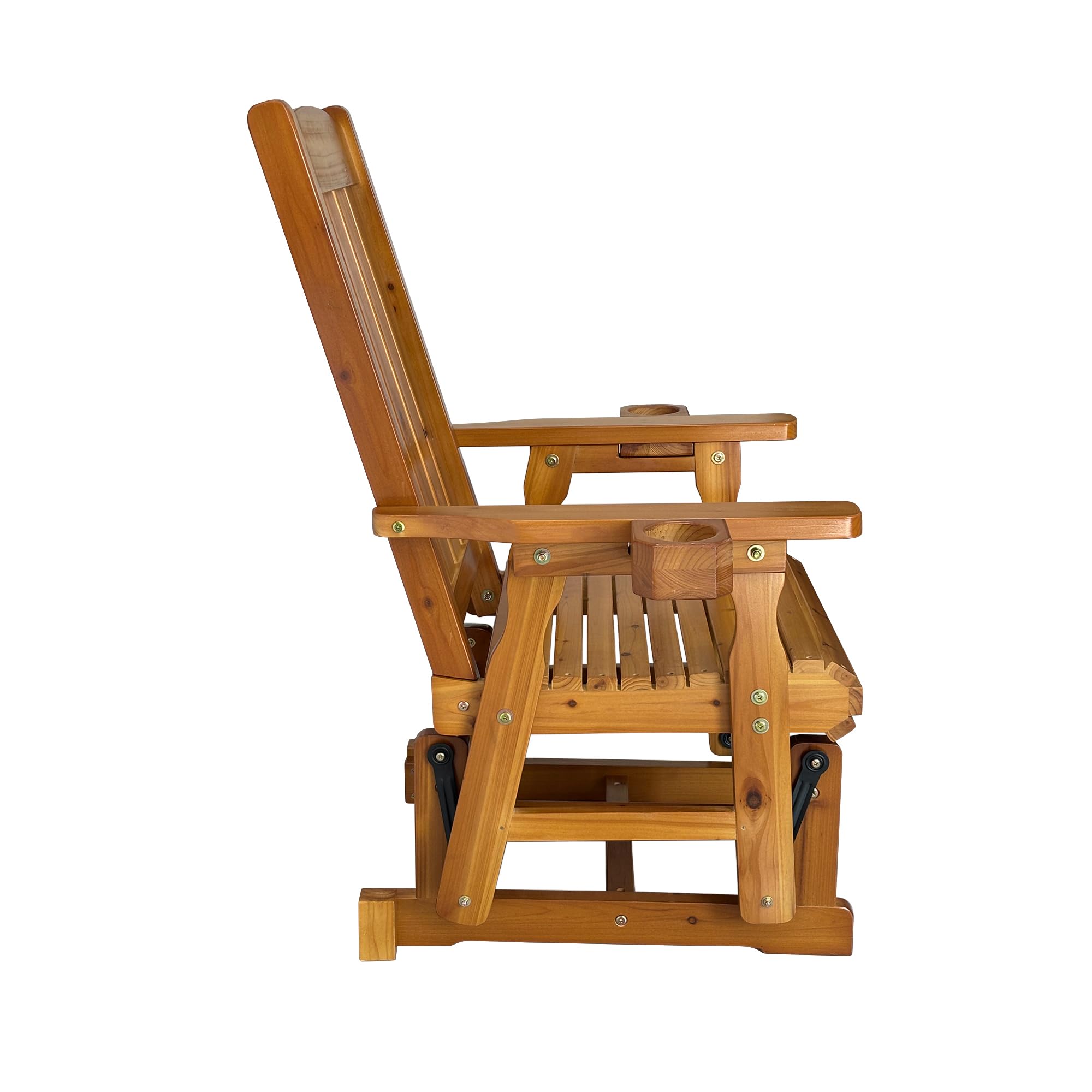 Left. Fortune Candy - Wooden Patio Glider with High Back and Deep Contoured Seat, Solid Fir Wood, Heavy Duty 600 LBS for Porch Yard Garden - Brown.