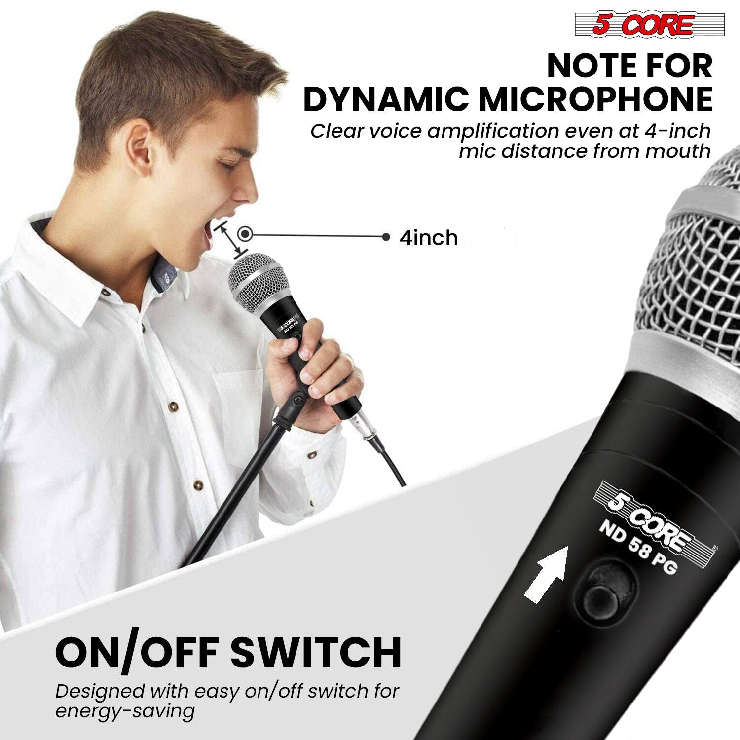 5 CORE NOTE FOR DYNAMIC MICROPHONE  
Clear voice amplification even at 4-inch mic distance from mouth  
4 inch  

ON/OFF SWITCH  
Designed with easy on/off switch for energy-saving