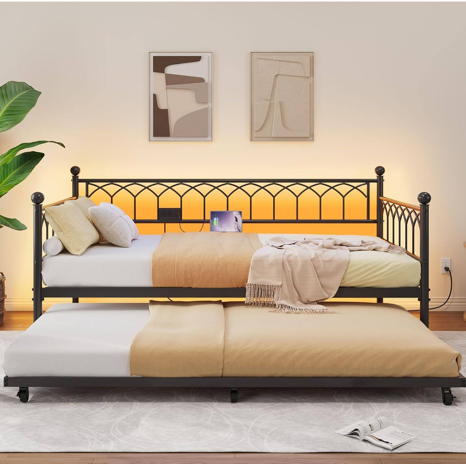 Front. GARVEE - Twin Daybed with Pop-Up Trundle & Charging Station, Pull Out Bed Frame, Metal Sofa Bed, Black - Black.
