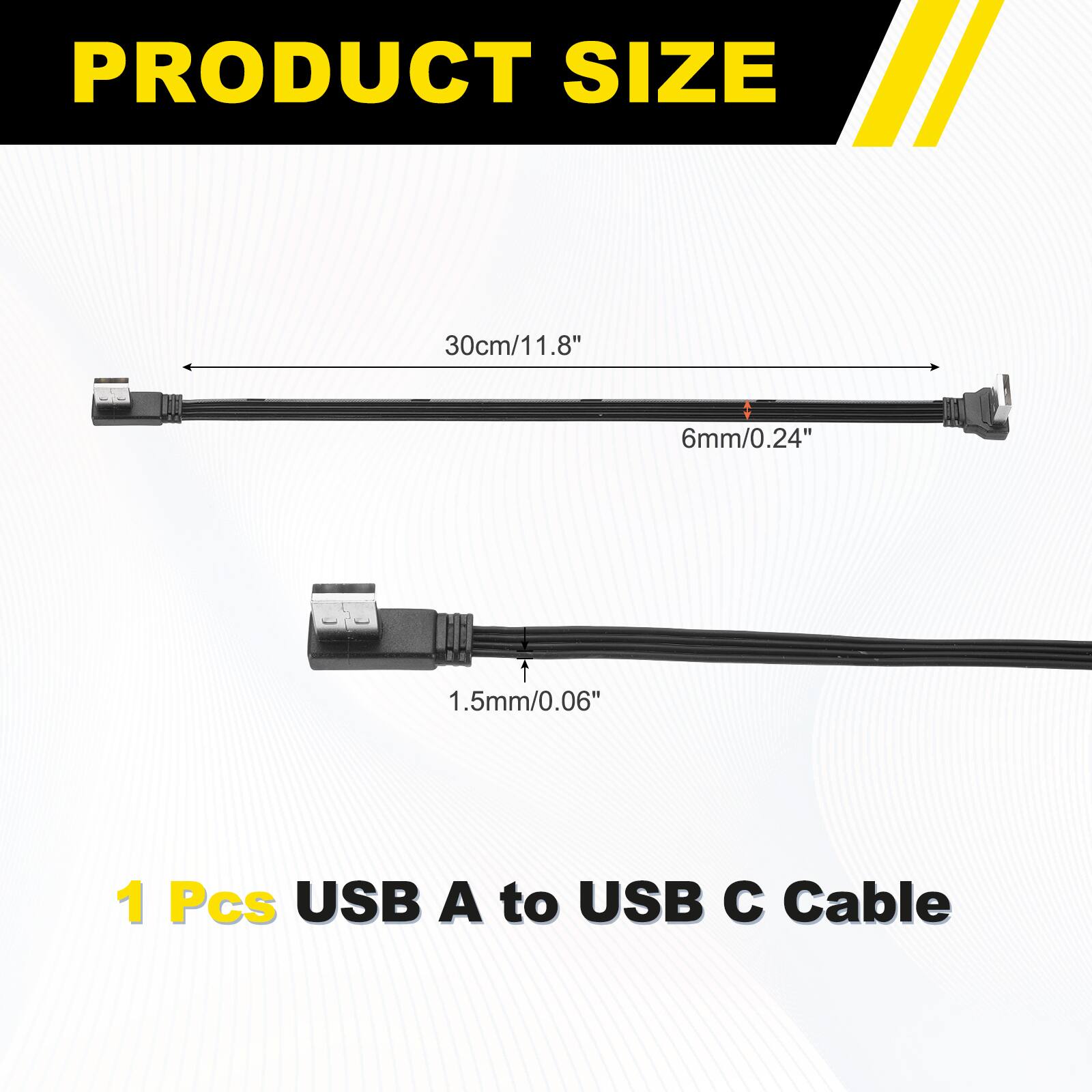 PRODUCT SIZE

30cm/11.8"  
1.8"  
6mm/0.24"  
1.5mm/0.06"  

1 Pcs USB A to USB C Cable