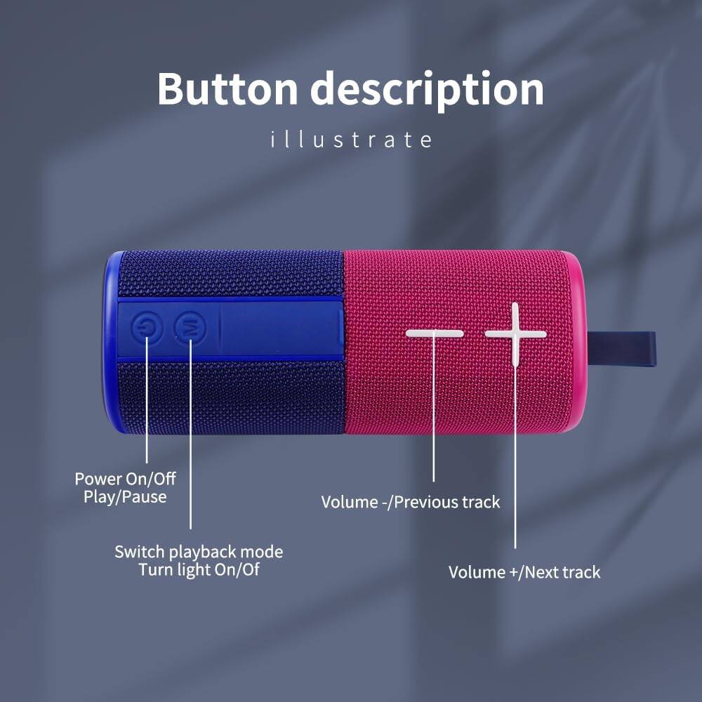 Button description  
illustrate

- Power On/Off Play/Pause
- Volume -/Previous track
- Switch playback mode Turn light On/Off
- Volume +/Next track