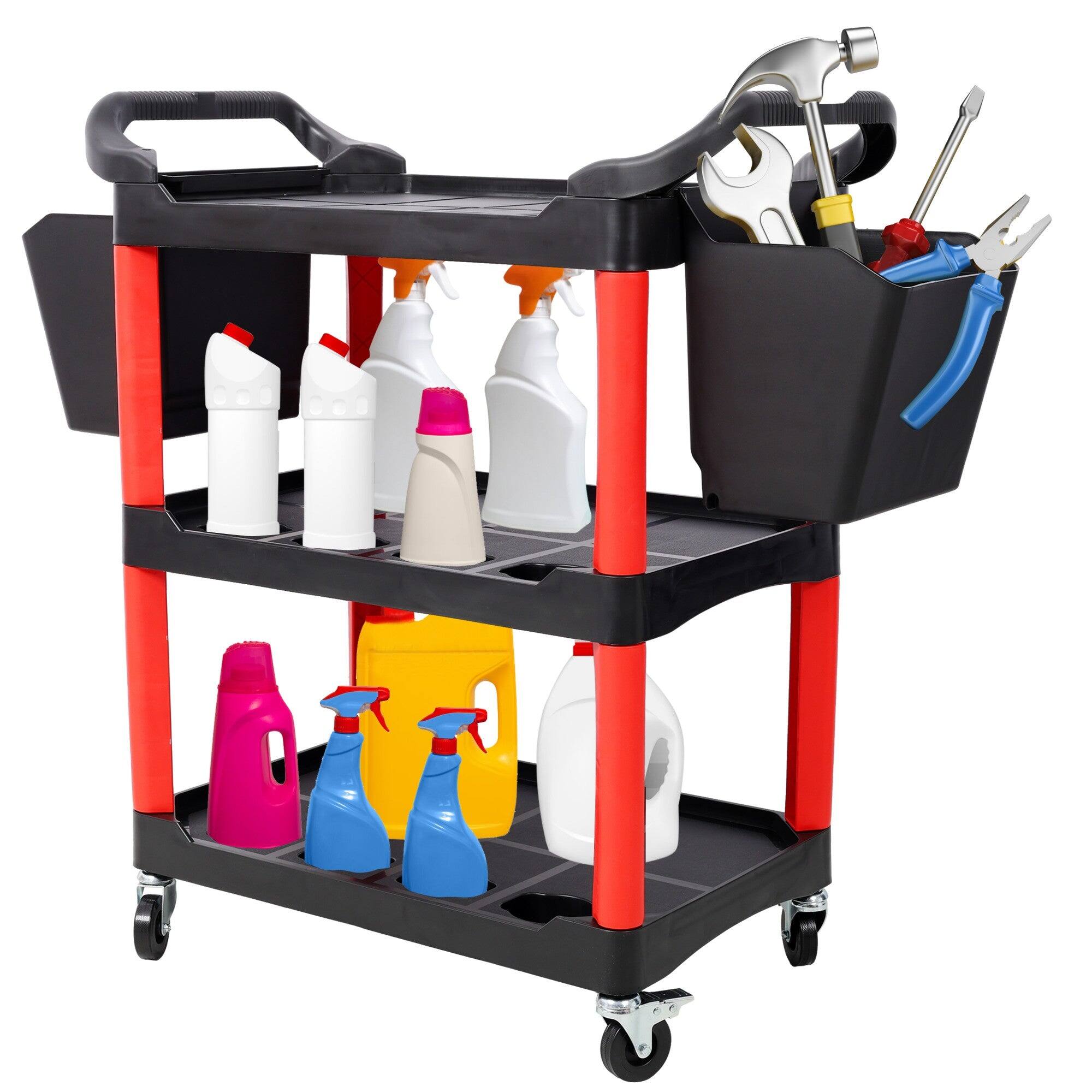 Alt View 2. Boyel Living - 17 Inches 3 Tier Black Red Rolling Plastic Utility Tool Cart With Wheels Two Buckets - Red.