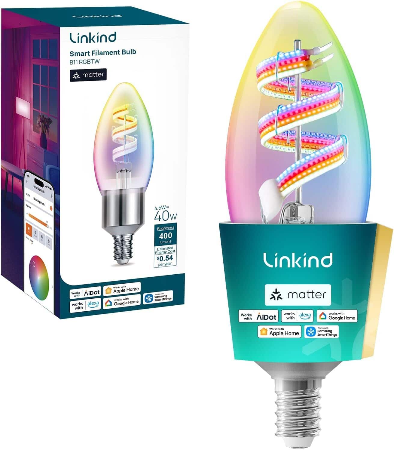 Linkind - B11 E12 Smart LED Bulb Matter Compatible, Color Changing (1-Pack) - Multicolor