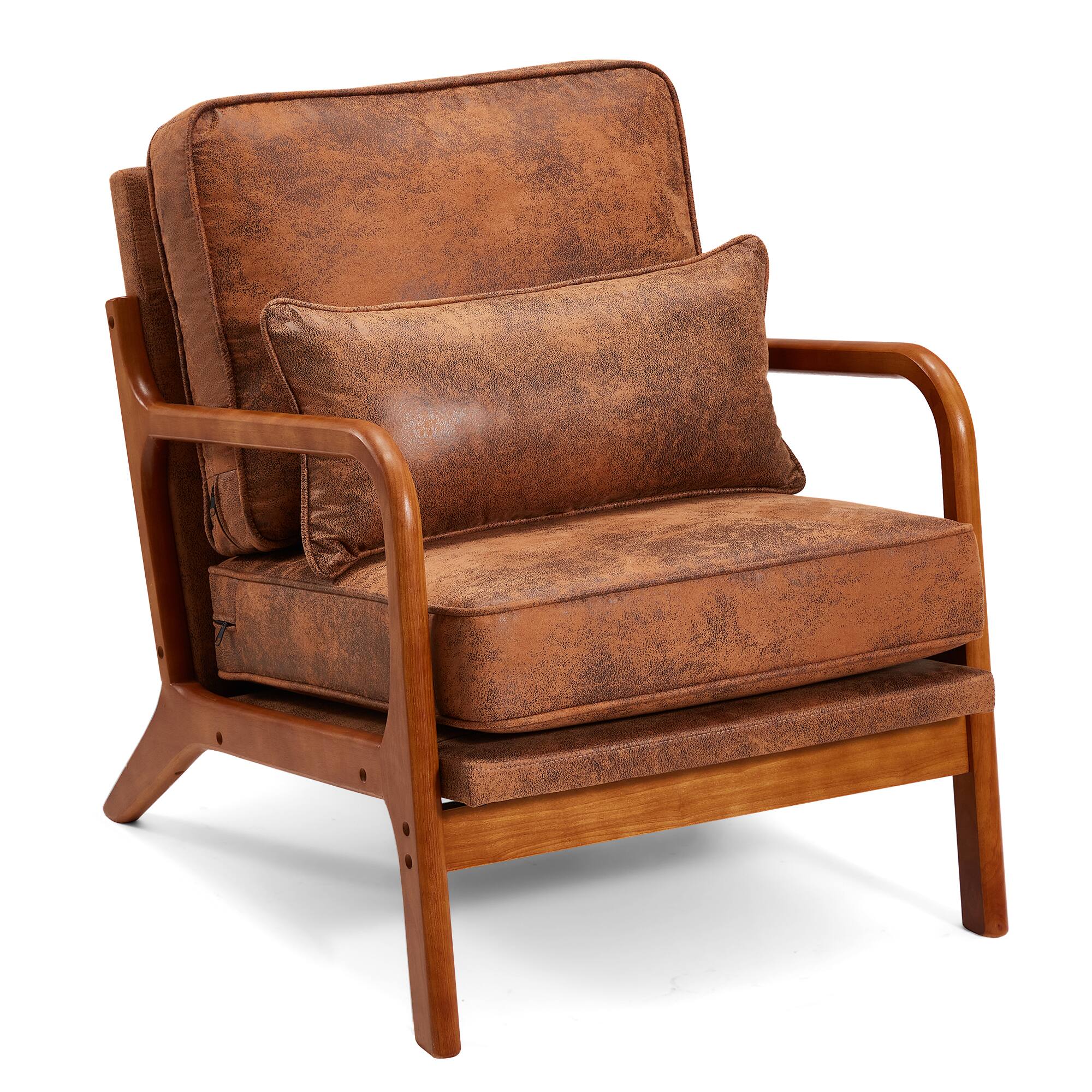 Alt View 4. U-HOMY - 【Set of 2】Mid-Century Modern Accent Chairs - Solid Wood Armchairs with Cushion for Living Room, Bedroom - Brown.