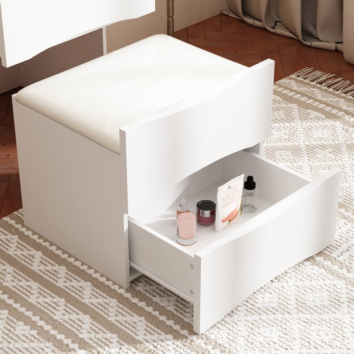 Alt View 7. Famapy - 3-in-1 Flip-Top Vanity Desk: Space-Saving LED Makeup Station, Nightstand & Desk with Storage Stool - White.