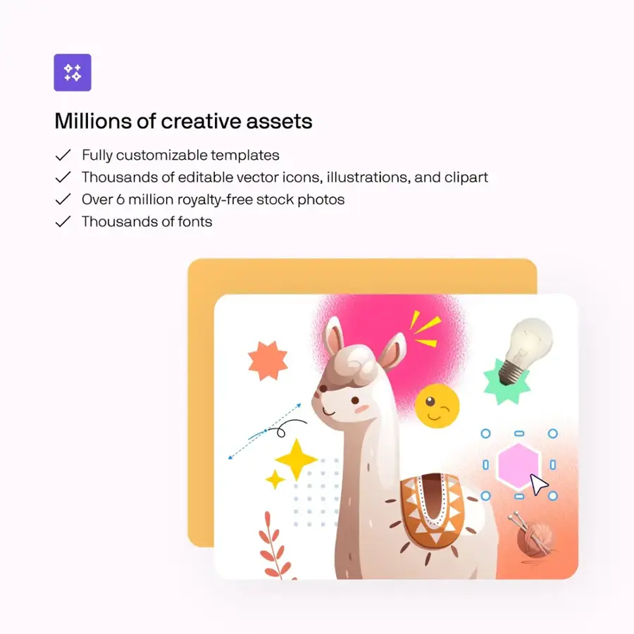 Millions of creative assets: Fully customizable templates, thousands of editable vector icons, illustrations, and clipart, over 6 million royalty-free stock photos, and thousands of fonts.
