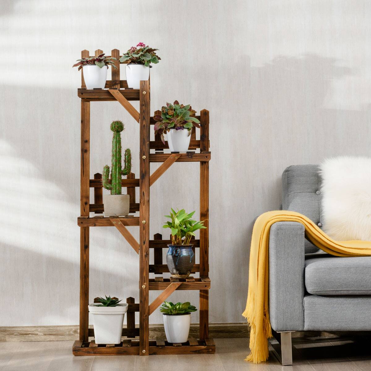 Alt View 9. Costway - 5-Tier Flower Rack Wood Plant Stand 6 Pots Display Shelf Multifunctional Rack - carbon baking.