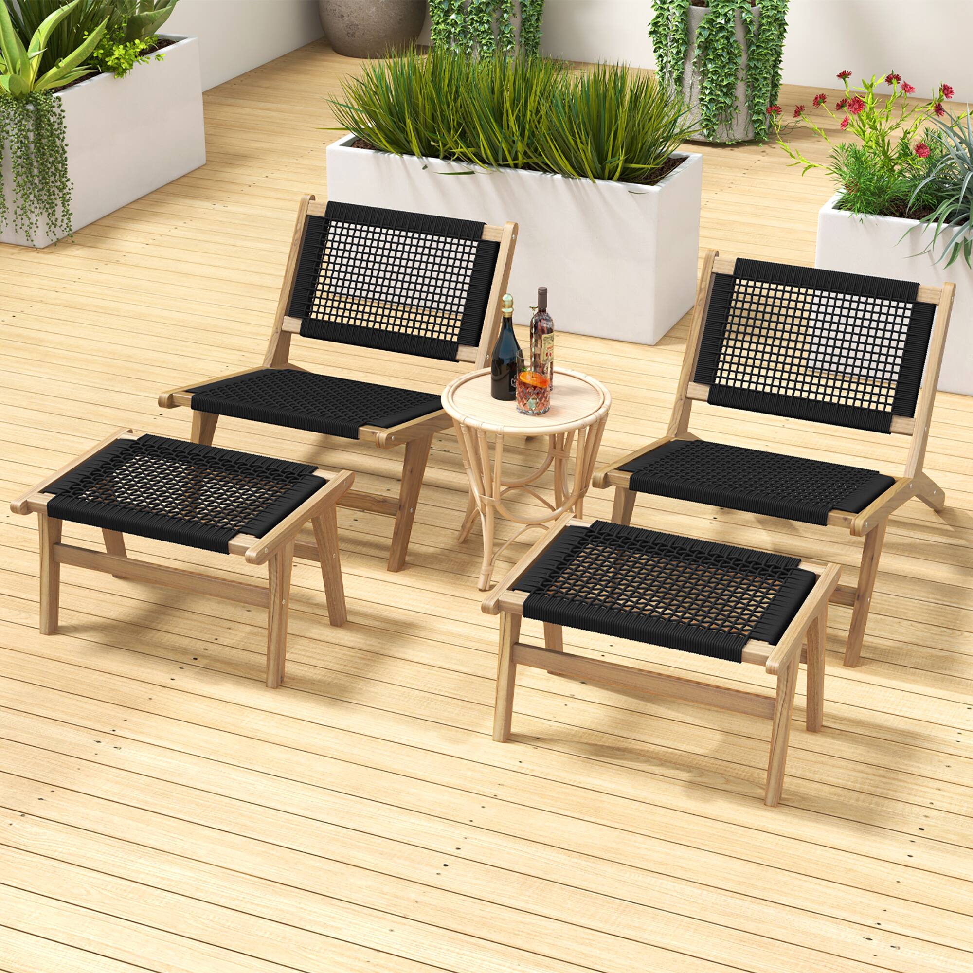 Alt View 5. Gymax - Gymax Mid Century Modern Accent Chair w/ Ottoman Living Room Chair w/Teak Wooden Frame - Natural, Black.