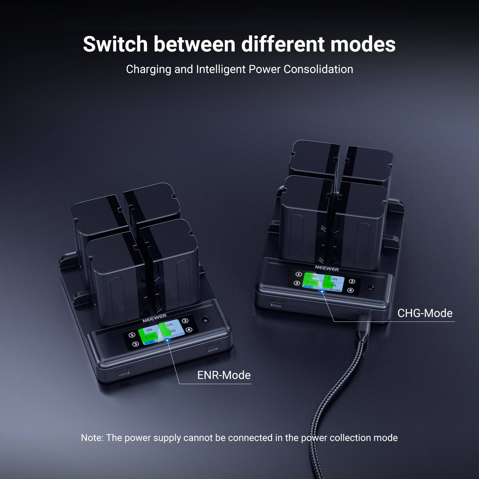 Switch between different modes: Charging and Intelligent Power Consolidation

NEEWER

CHG-Mode
ENR-Mode

Note: The power supply cannot be connected in the power collection mode