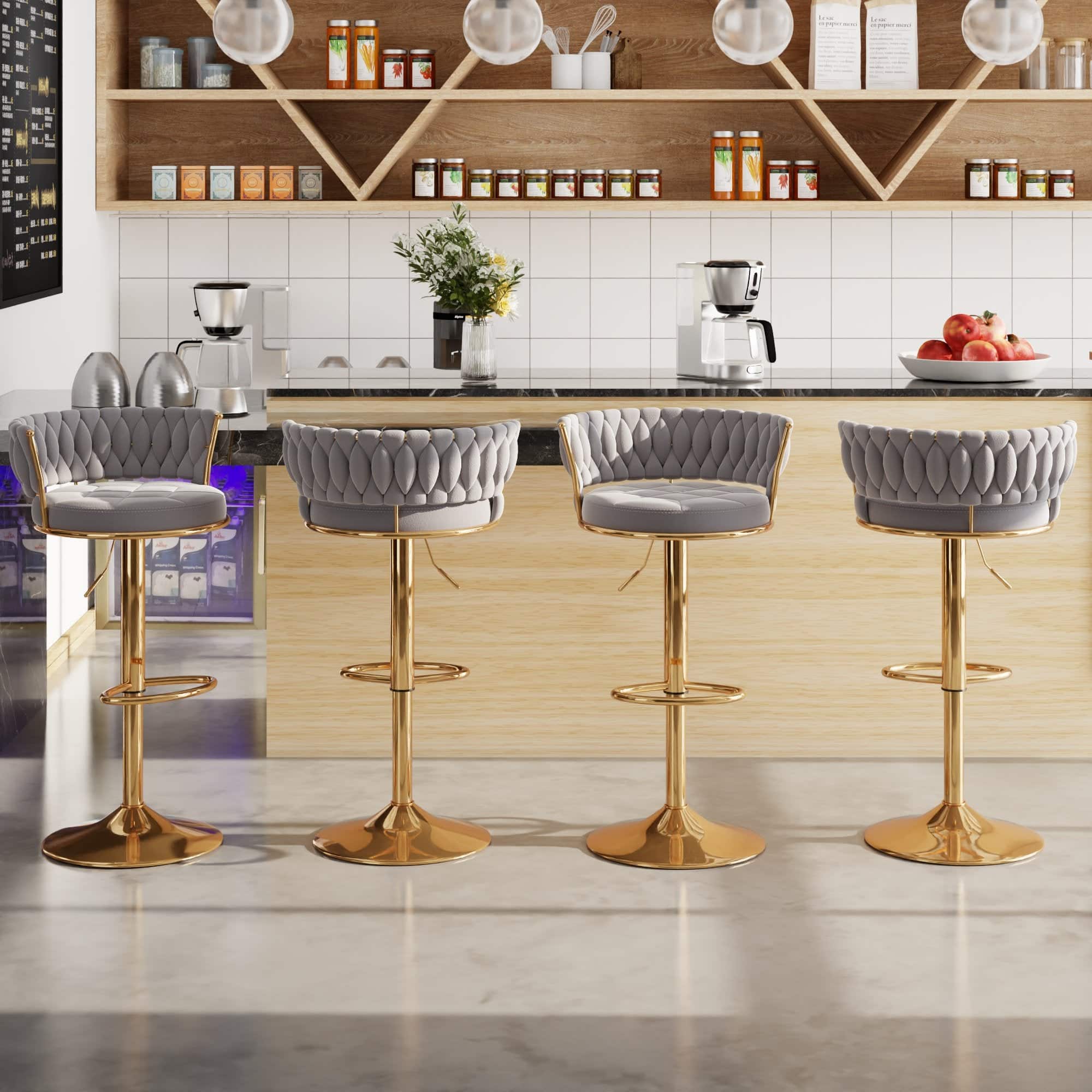 Front. Vecelo - Set of 4 Velvet Bar Stools with 360° Swivel & Adjustable Height - Modern Counter Stools - Light Grey.