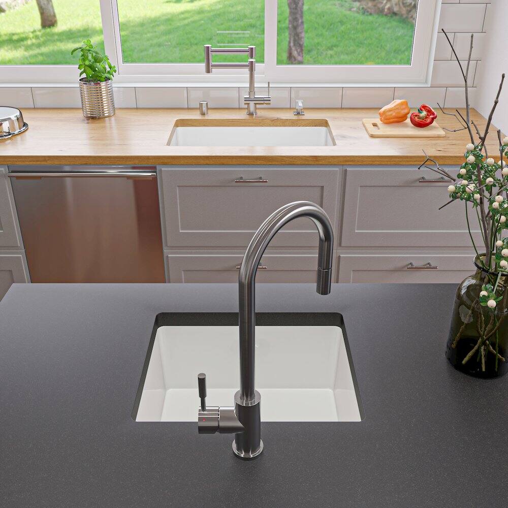 Alt View 2. Alfi - ALFI brand White 30 x 18 Fireclay Undermount / Drop In Kitchen Sink with Grid - White.