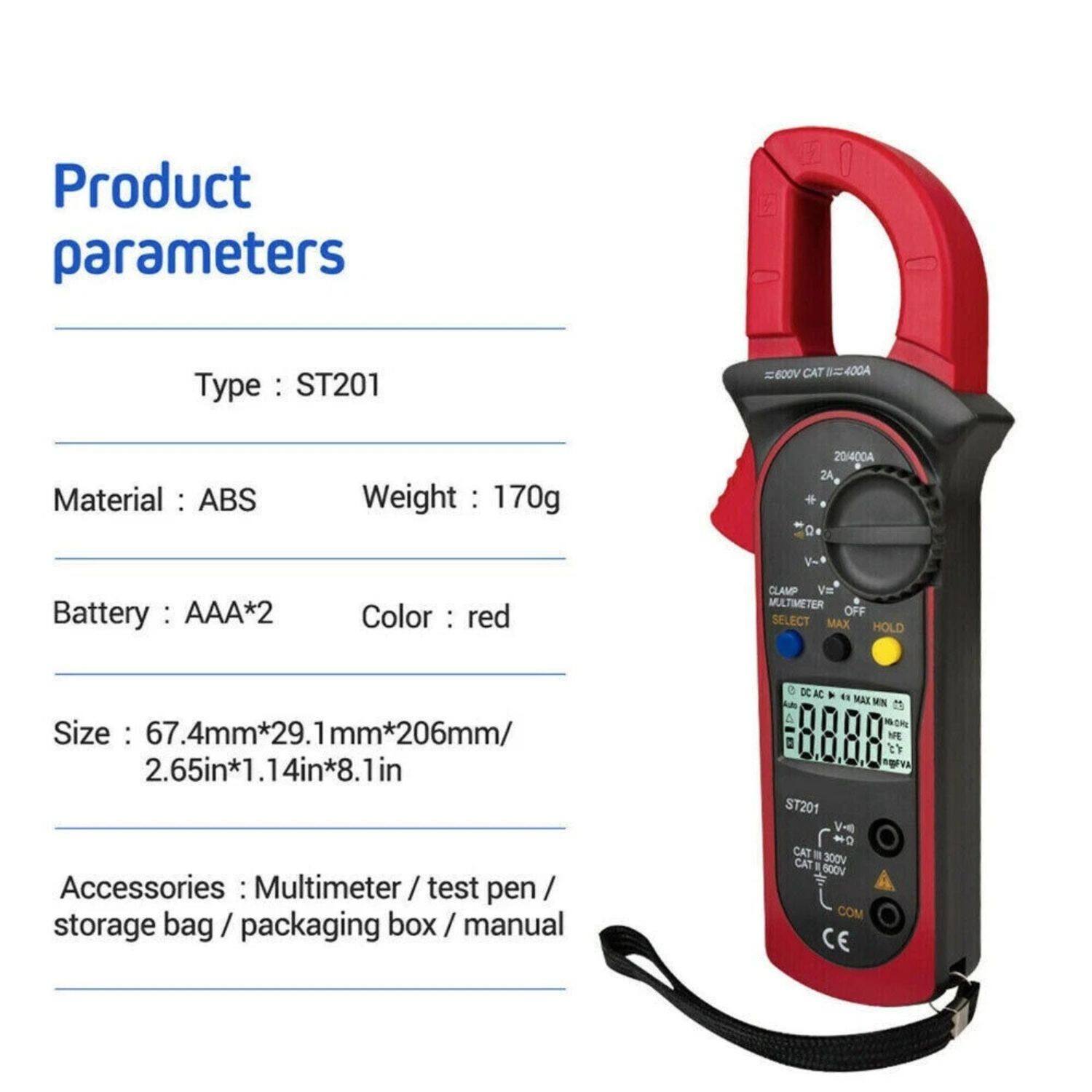 Product parameters

Type: ST201

Material: ABS

Weight: 170g

Battery: AAA*2

Color: red

Size: 67.4mm*29.1mm*206mm/ 2.65in*1.14in*8.1in

Accessories: Multimeter / test pen / storage bag / packaging box / manual
