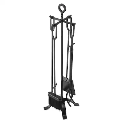 Front. VEVOR - Fireplace Tool Set, 5 PCS Fire Tool Set and Holder with Four-Prong Stand, Tongs, Ash Shovel, Brush, Fire Place Poker - Black.