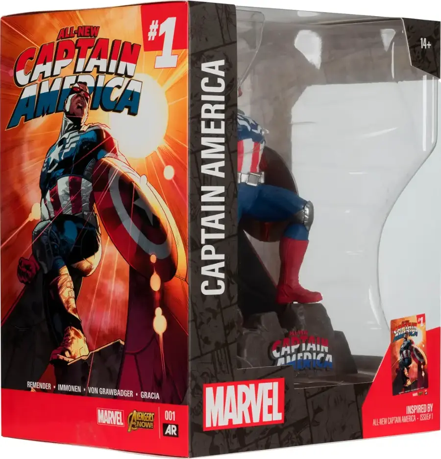 The text on the image reads: "All-New Captain America, Marvel Comics, Remender, Immonen, Von Grawbadger, Gracia, Marvel Now! 001, Marvel AR 14+, Inspired by Captain America Issue #1."