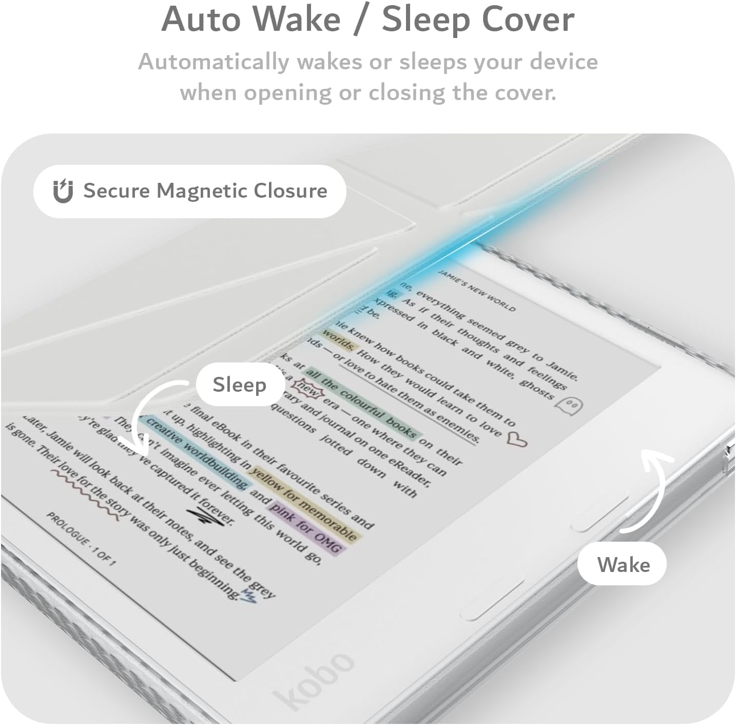 Auto Wake / Sleep Cover  
Automatically wakes or sleeps your device when opening or closing the cover.  

Secure Magnetic Closure  

Sleep  
Wake