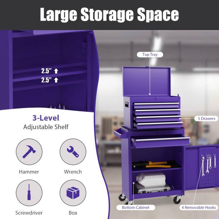 Large Storage Space  
Top Tray  
2.5" 2.5"  
3-Level Adjustable Shelf  
5 Drawers  
Hammer Wrench Screwdriver Box  
Bottom Cabinet  
4 Removable Hooks