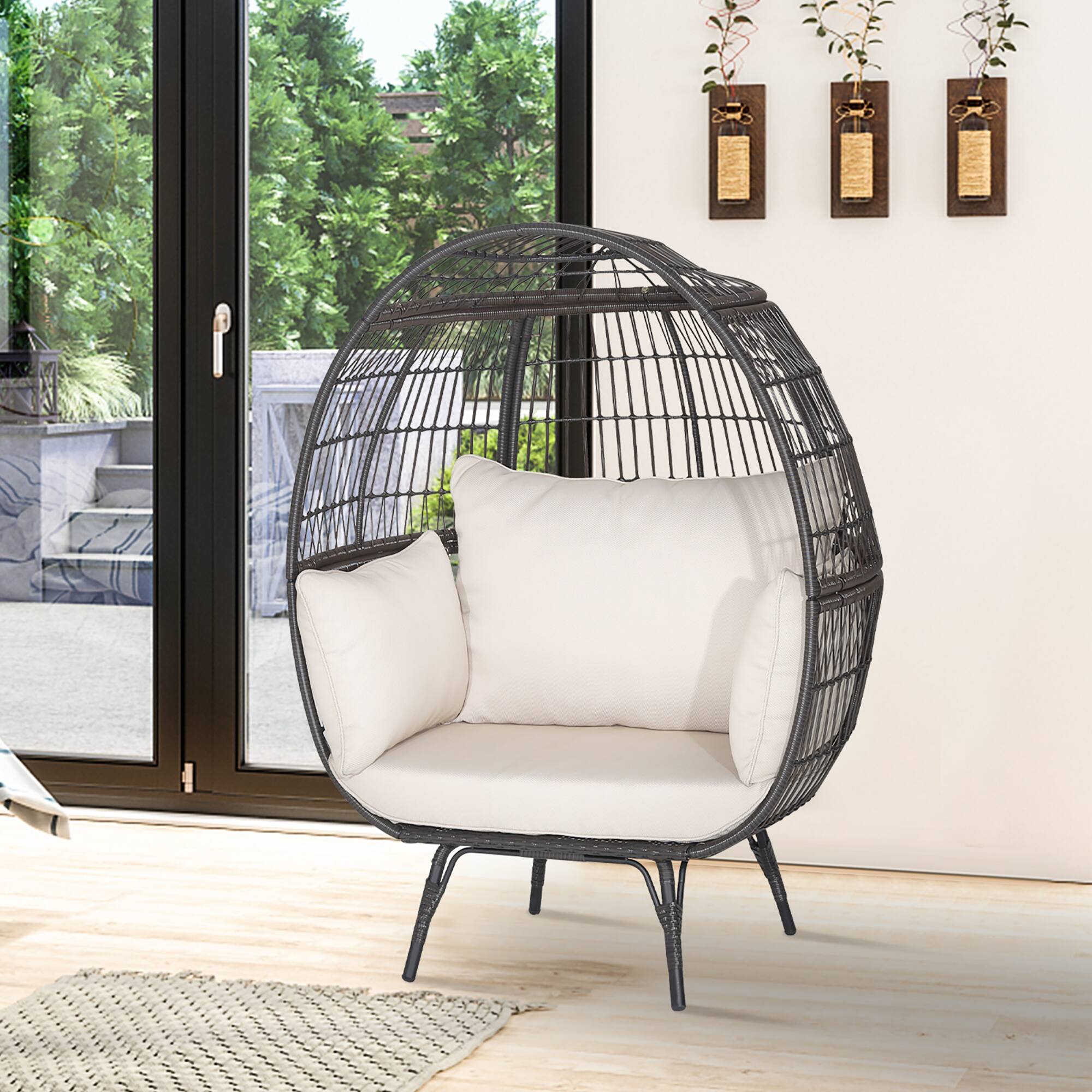 Alt View 2. Gymax - Gymax Patio Rattan Wicker Lounge Chair Oversized Outdoor Metal Frame Egg Chair w/ 4 Cushions - Off White.