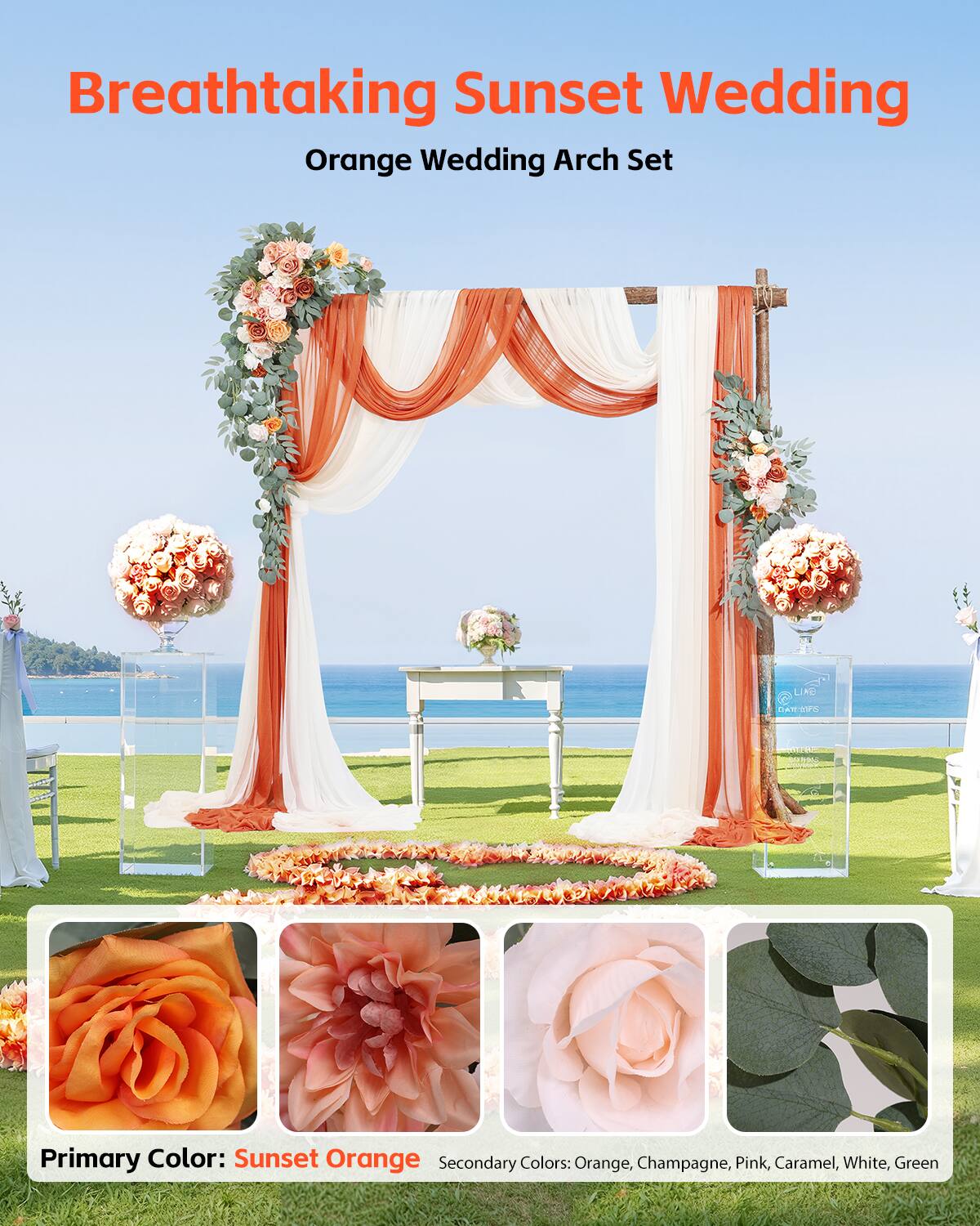 Breathtaking Sunset Wedding Orange Wedding Arch Set

Primary Color: Sunset Orange

Secondary Colors: Orange, Champagne, Pink, Caramel, White, Green