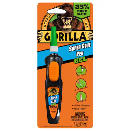 35% MORE GLUE INCREDIBLY GORILLA SUPER GLUE PEN GEL MAX Control Gel ACIES OTID No Run, GORILLA SUPER Clog Cap GLUE Anti-Clog Anti- GEL Set Time: 10 Seconds -N 1 H 55 I E 0.1kz Impact-Tough WARNING BONDS SKIN INSTANTLY IRRITANT. READ CAUTIONS ON BACK PANEL *vs a leading competitive 4g Super Glue Applicator 5.5 g (0.19 oz.)
