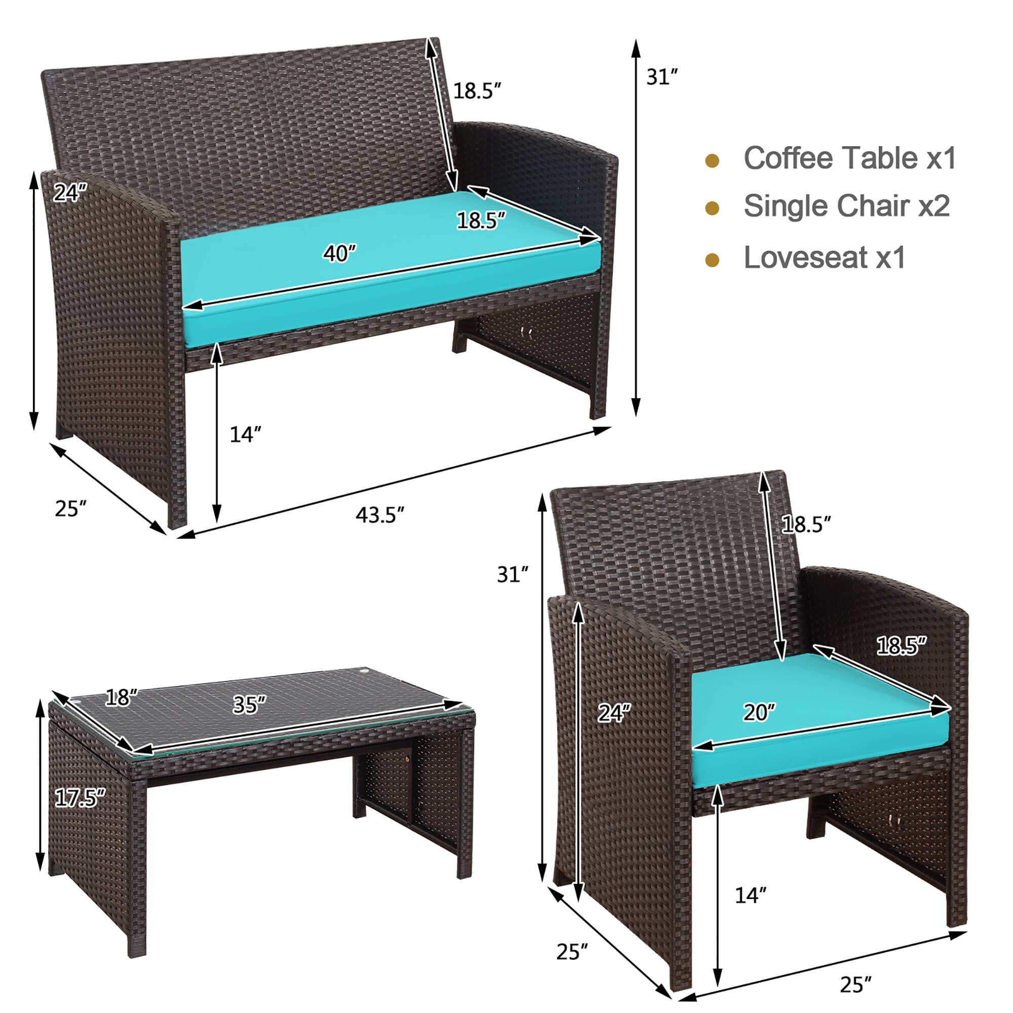Coffee Table x1: 35" x 18" x 17.5"
Single Chair x2: 25" x 18.5" x 14"
Loveseat x1: 43.5" x 25" x 31"