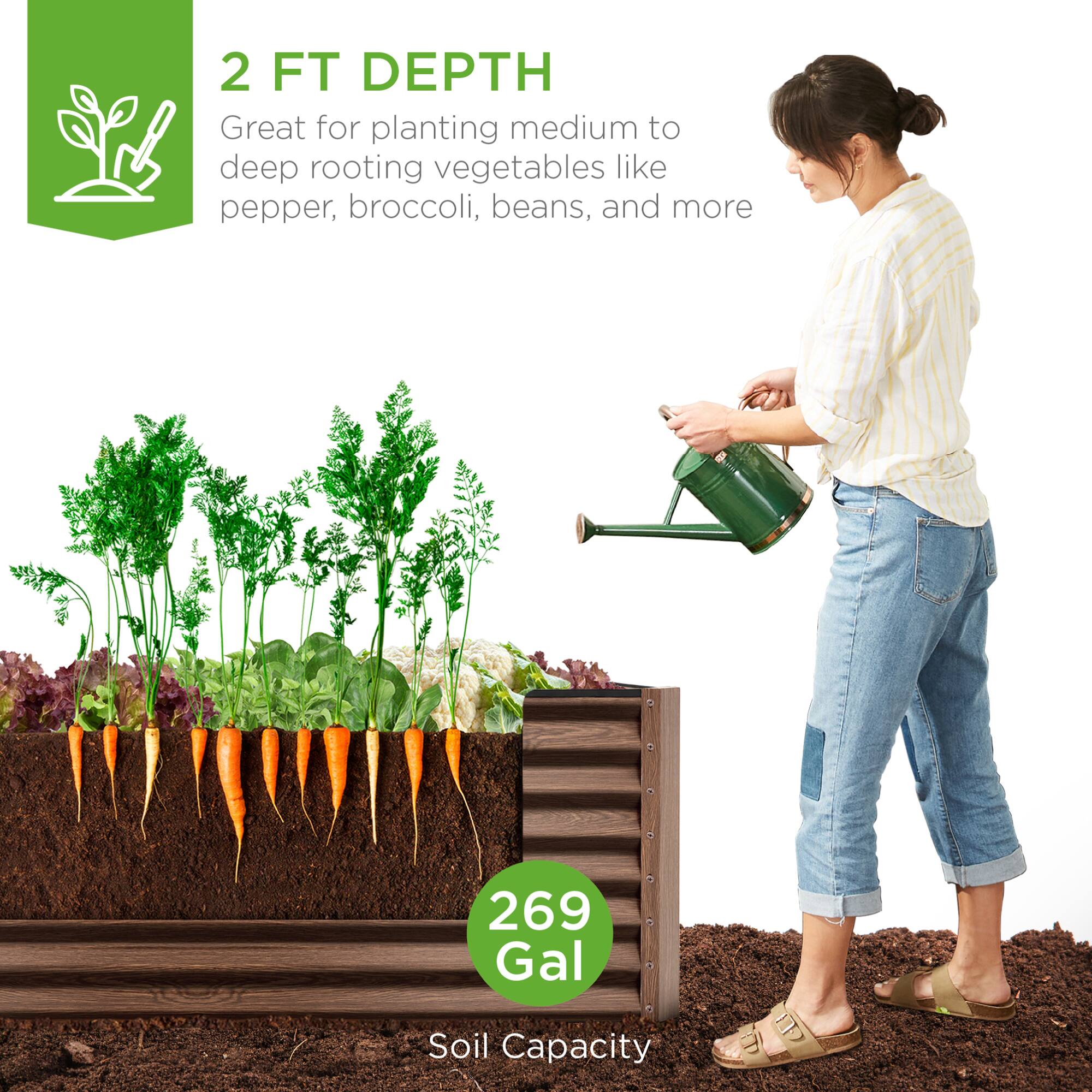 2 FT DEPTH  
Great for planting medium to deep rooting vegetables like pepper, broccoli, beans, and more  

269 Gal Soil Capacity