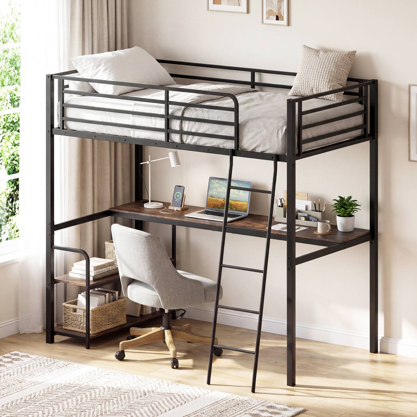 Alt View 4. Costway - Costway Twin Loft Bed with Desk & Shelves, Heavy Duty Bed Frame with Charging Station - Rustic Brown & Black.