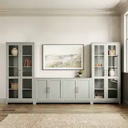 Martha Stewart - 4 Door TV Stand with 2 Tall Media Cabinets - Bedford Gray/Brushed Stainless Steel Hardware
