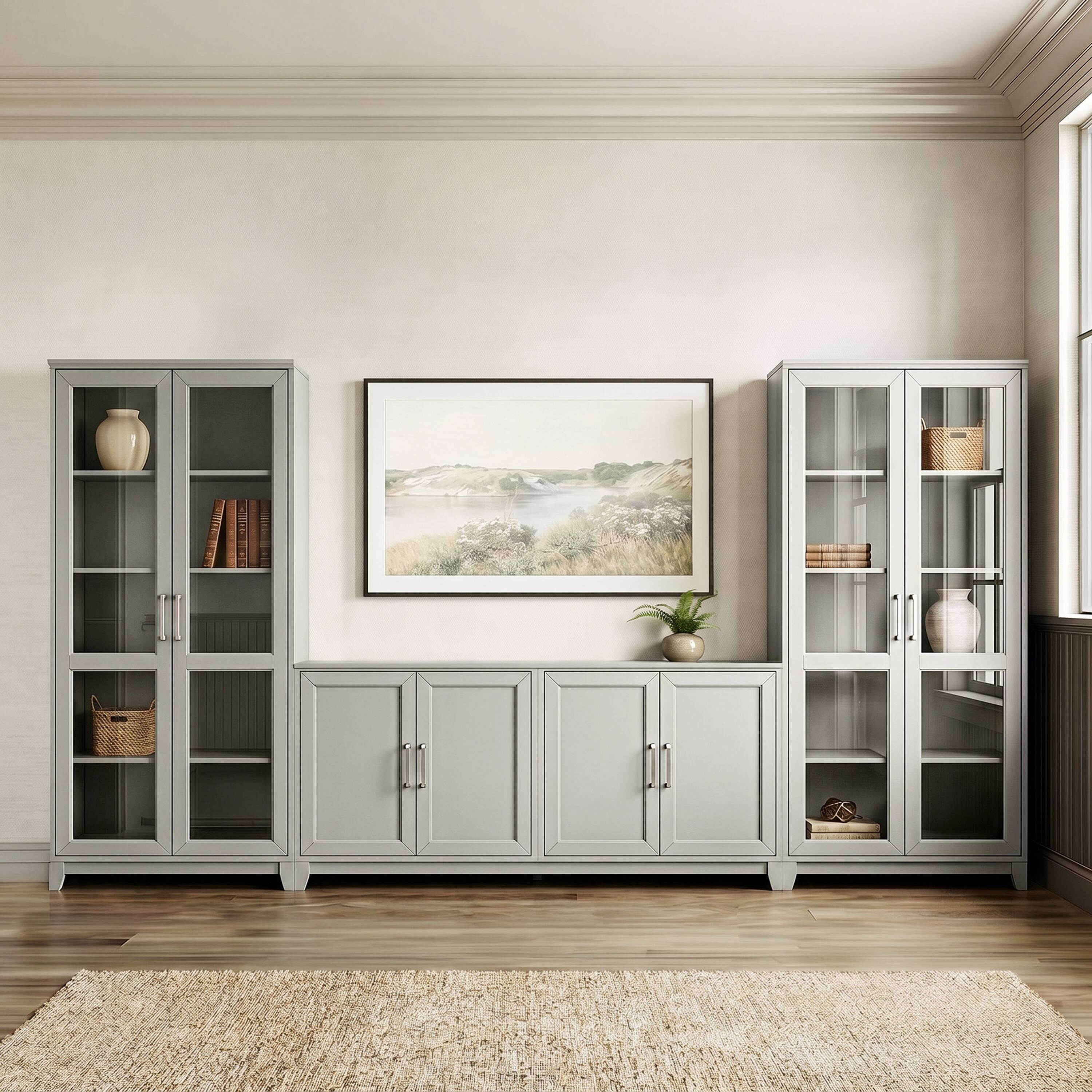 Front. Martha Stewart - 4 Door TV Stand with 2 Tall Media Cabinets - Bedford Gray/Brushed Stainless Steel Hardware.