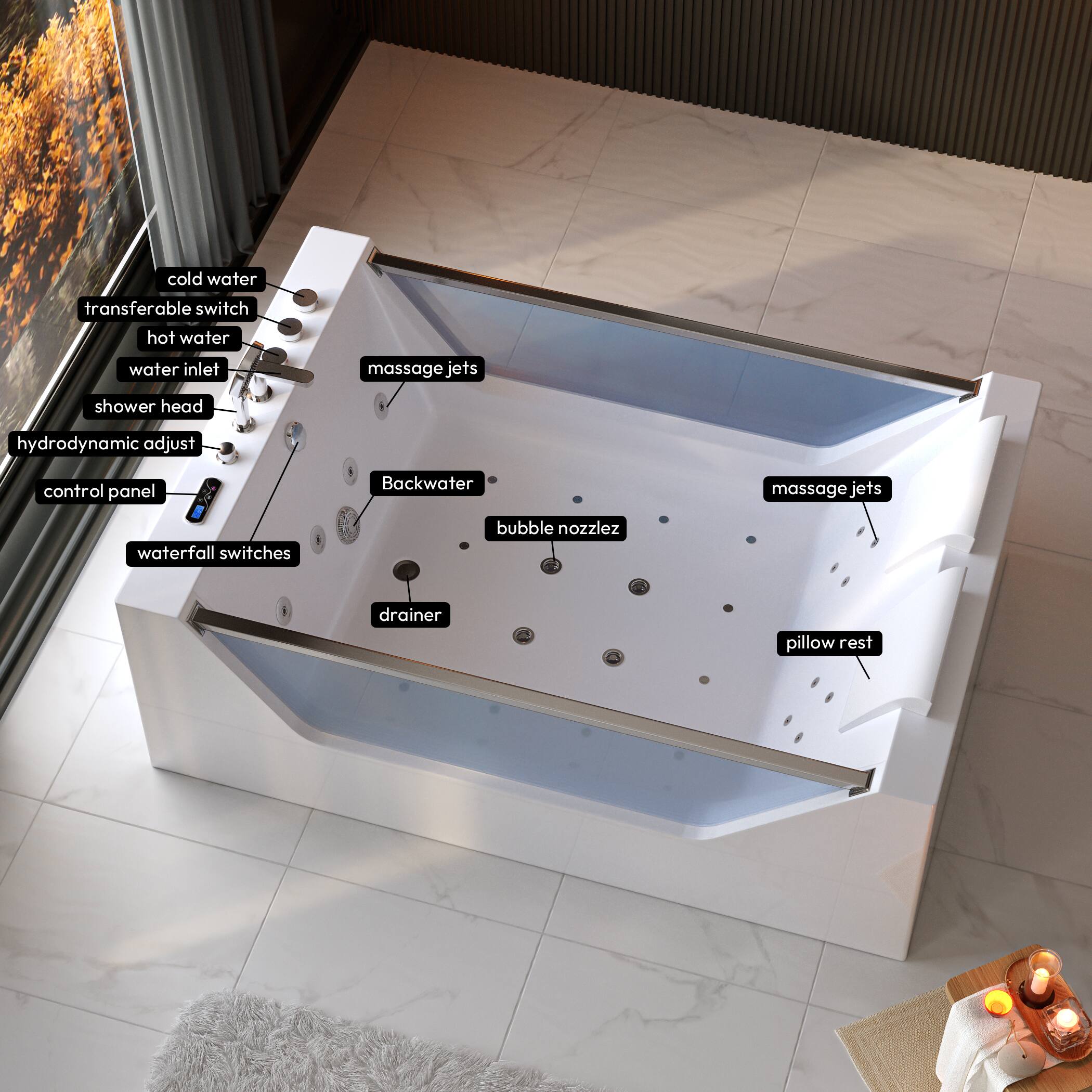 cold water  
transferable switch  
hot water  
water inlet  
massage jets  
shower head  
hydrodynamic adjust  
control panel  
Backwater  
bubble nozzles  
drainer  
pillow rest  
waterfall switches