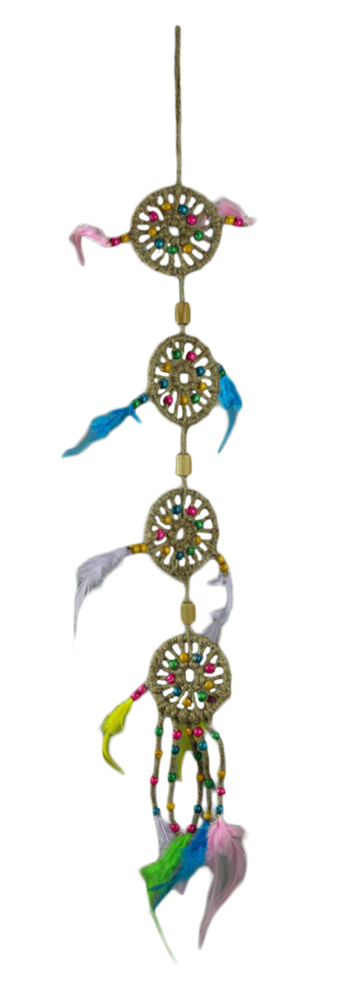 King Max - Boho Feathers Wood Beaded 4 Tier Jute Rope Dream Catcher - Multicolored