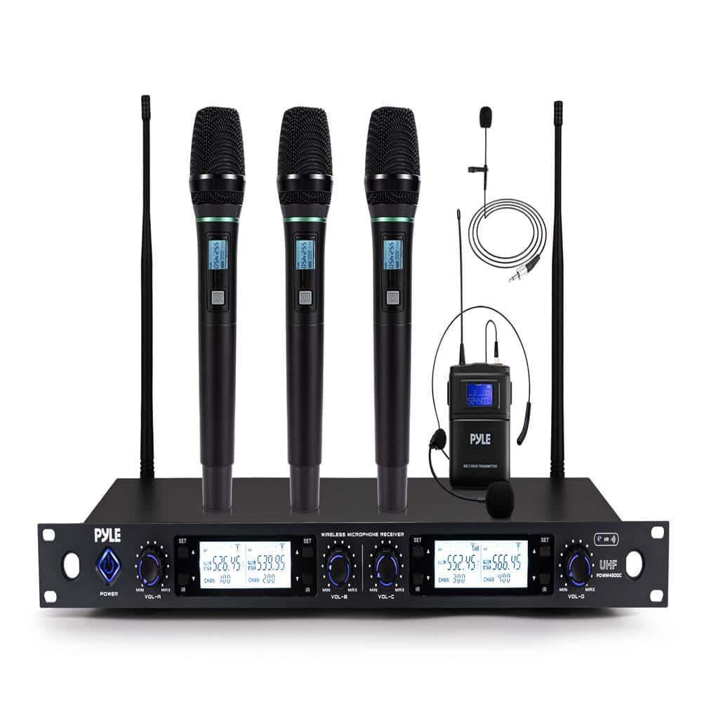 Pyle - 4-Channel Wireless Microphone System - Professional-Grade Handheld, Lavalier & Headset Micropho