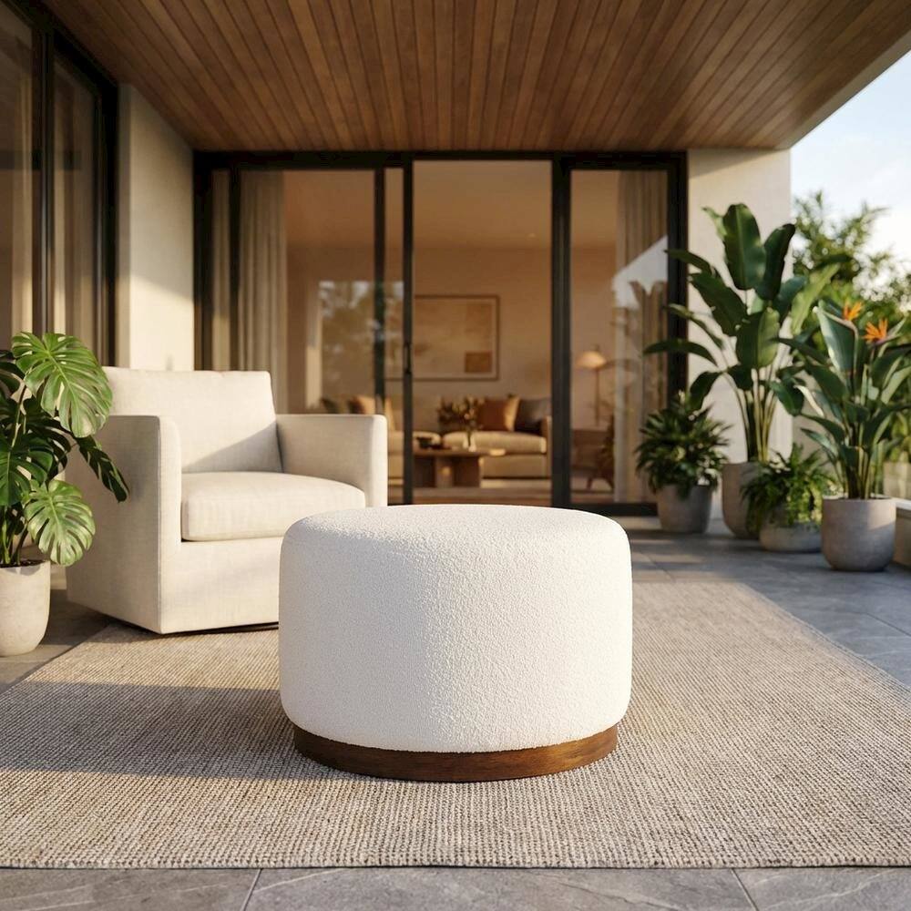 Angle. Outdoor Escape - Round Boucle Upholstered Ottoman For Outdoor Lounge And Seating - Brown.