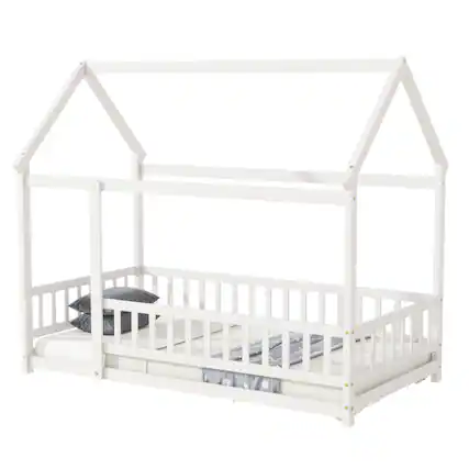 Front. GOODSILO - Twin Size House-Shaped Floor Bed with Safety Guardrails and Roof Frame, Grey Finish Wooden Playful Sleep Solution - White.