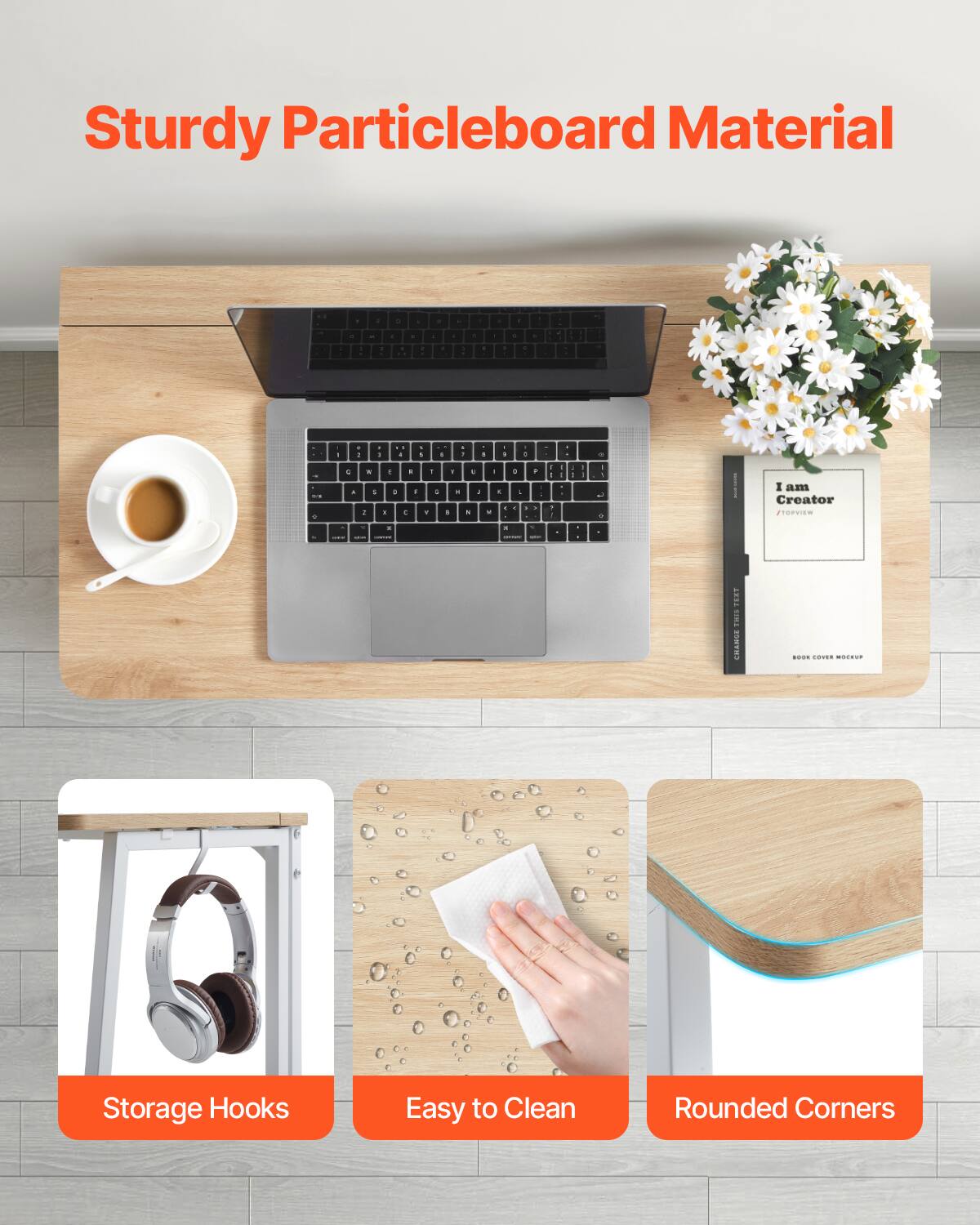 Sturdy Particleboard Material

Storage Hooks

Easy to Clean

Rounded Corners