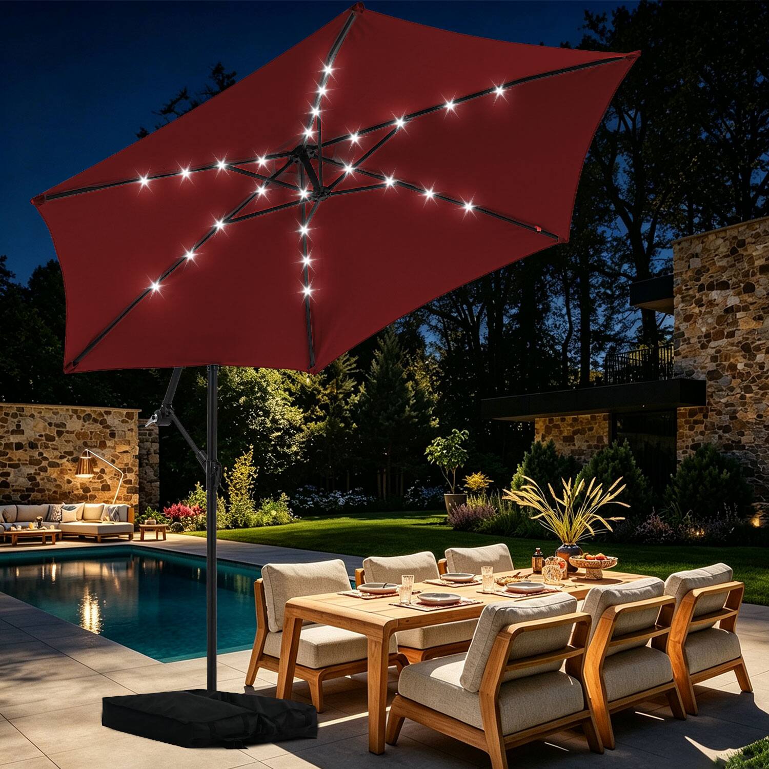 Alt View 5. Ainfox - Ainfox 10FT Outdoor Patio Cantilever Umbrella Hanging Offset with Cross Base  Sand Bags & 24 LED Solar Lights - Red.