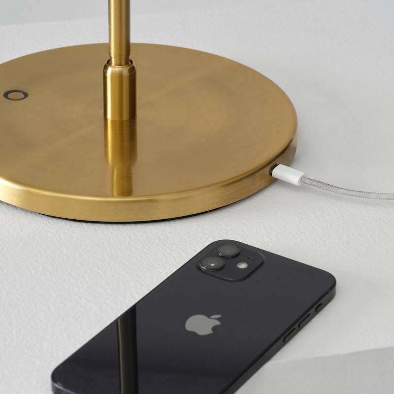 Back. Brightech - Libra LED Modern Industrial Arc Dimmable Bedside Nightstand Desk Lamp with Fast Charging USB-C Port - Antiqued Brass.