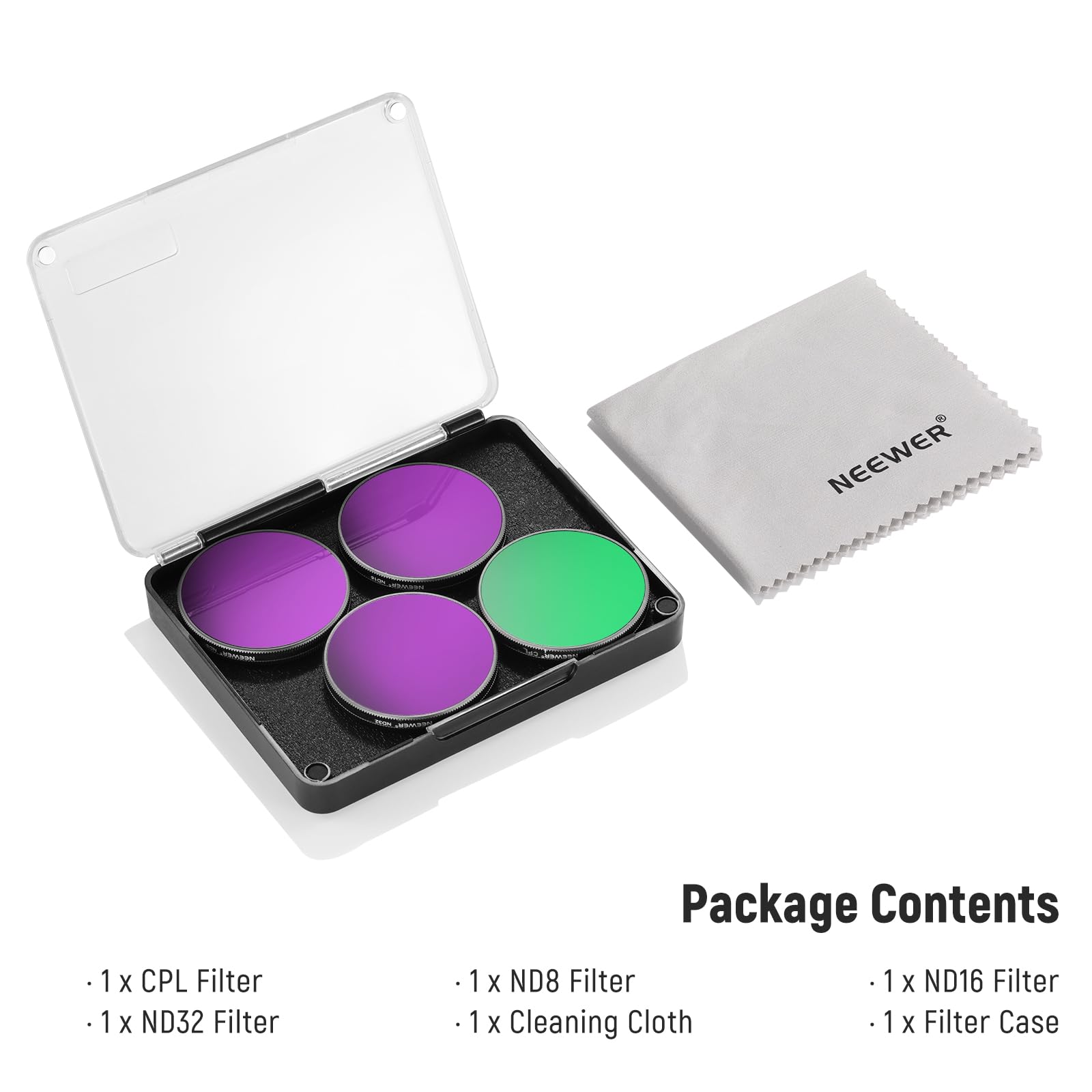 NEEWER 1x 1 X CPL Filter 1x 1 X ND32 Filter Package Contents 1 X ND8 Filter 1 X ND16 Filter 1 X Cleaning Cloth 1 X Filter Case