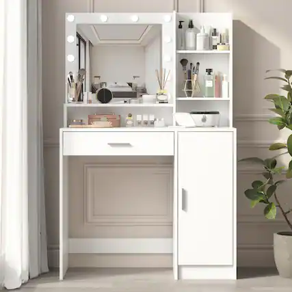 Front. Lirago - Vanity Desk with Mirror Light Wood Dresser Table Makeup Vanities White 53.9"H x 15.7"D x 35.4"W - White.