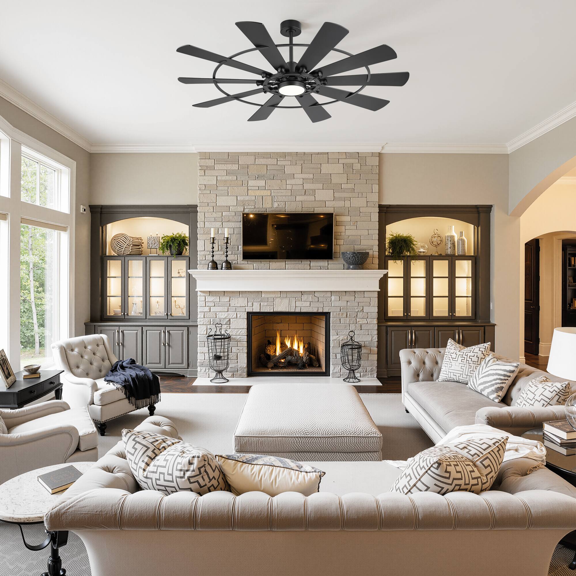 Alt View 4. Breezary - 62-Inch LED Ceiling Fan with Remote, 10 Blades, 3-Color Dimmable Light, Acrylic Shade, Dual Downrods - Black.