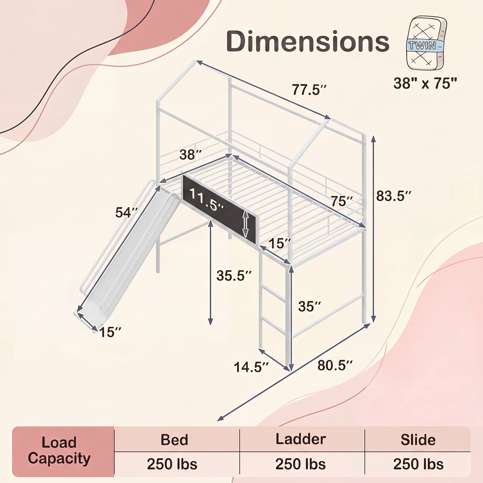 Dimensions TWIN 77.5" 38" X 75" 38" 54" 11.5" 75" 83.5" 15" 35.5" 35" 15" 14.5" 80.5" Load Capacity Bed 250 Ibs Ladder 250 Ibs Slide 250 Ibs